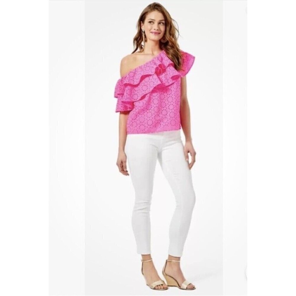 Lilly Pulitzer Trixie Ruffle Top Pink Raz‎ Berry Sun Burst Eyelet NWT $138 Sz XS